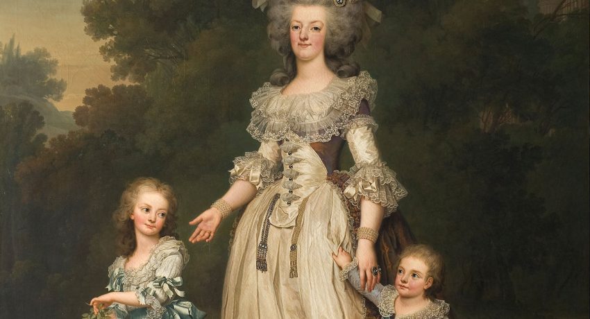 Marie-Antoinette com os dois filhos mais velhos nos jardins do Petit Trianon” (1785), por  Adolf Ulrik Wertmüller